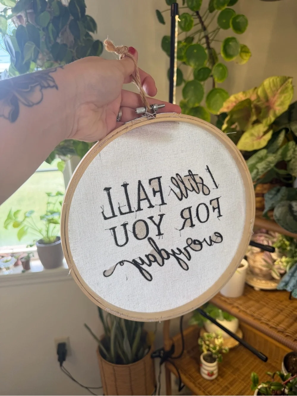 Embroidered Hoop Wall Art in Black and White - I Still Fall For You Everyday